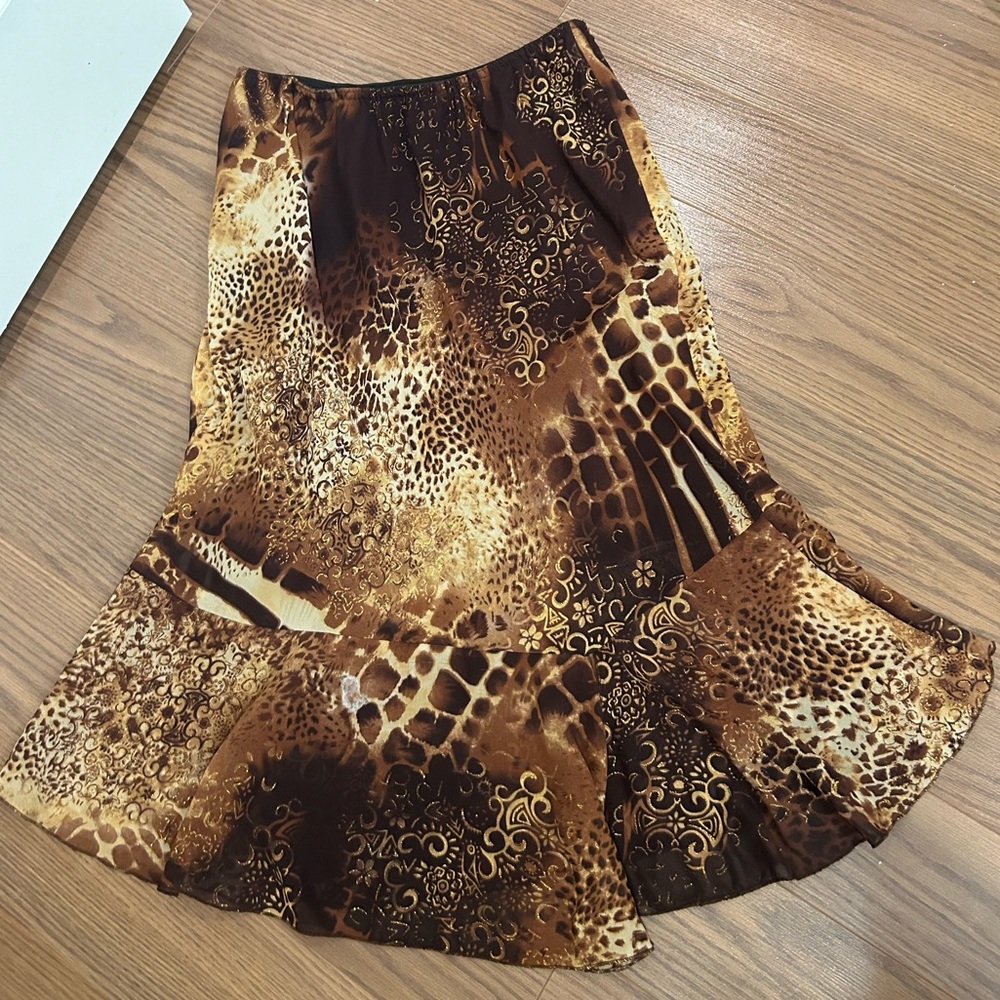 Animal print mermaid fit and flare skirt with gold details